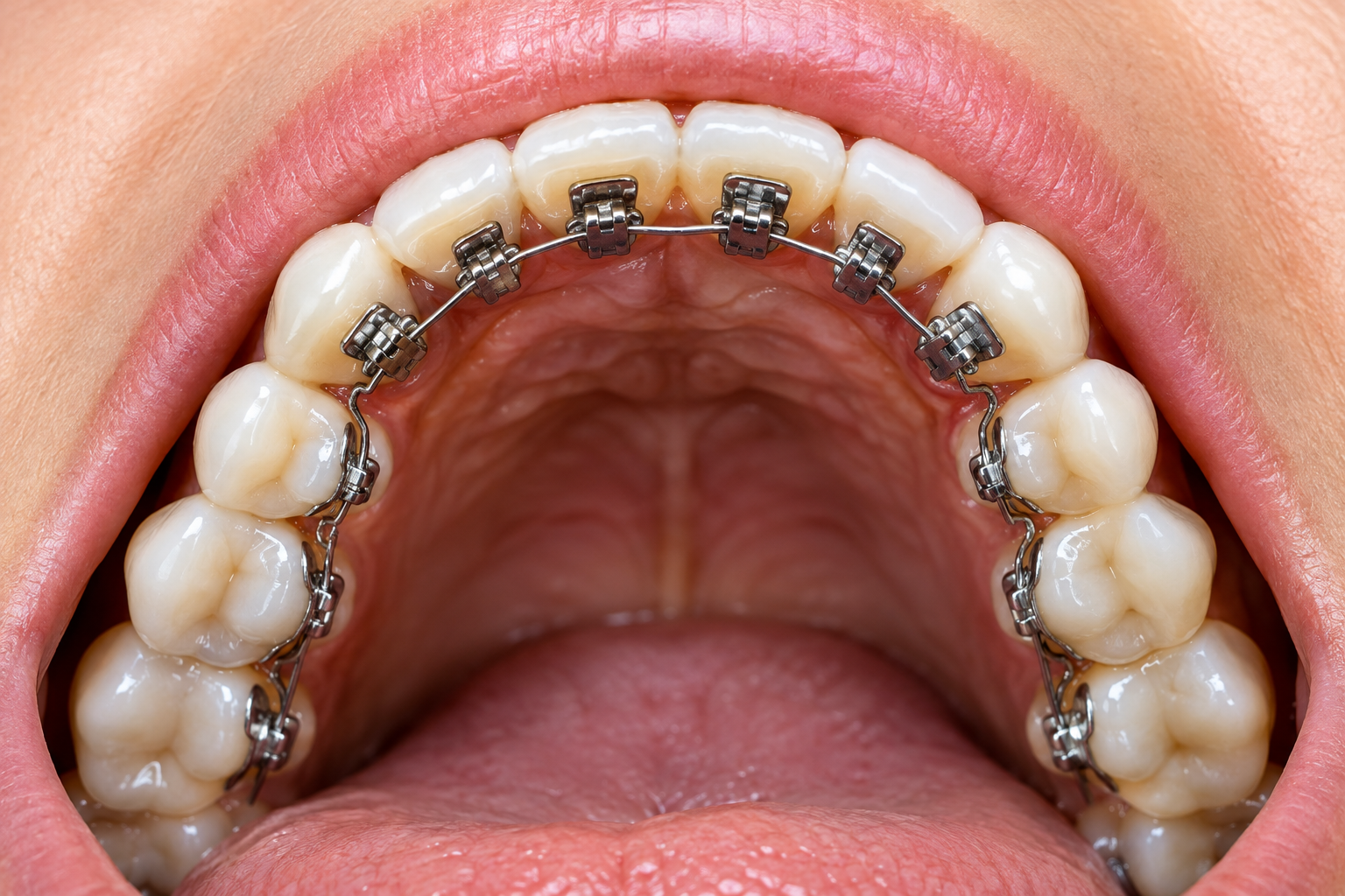 Bracket e filo ortodontico sul lato interno dei denti, immagine illustrativa dell’ortodonzia linguale.