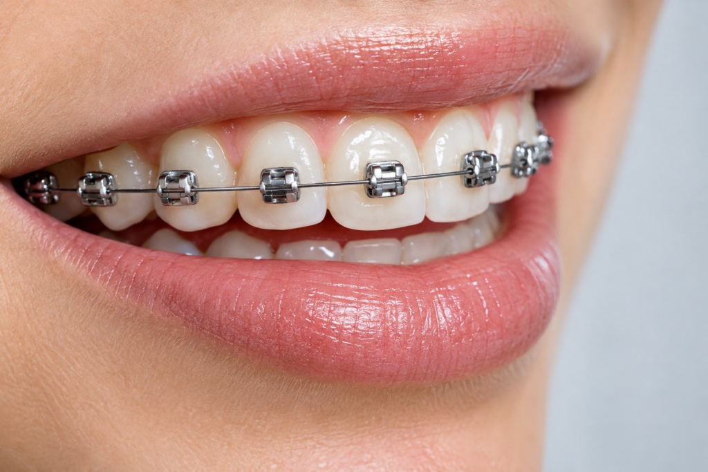Primo piano di bracket metallici sui denti, immagine illustrativa dell’apparecchio ortodontico.