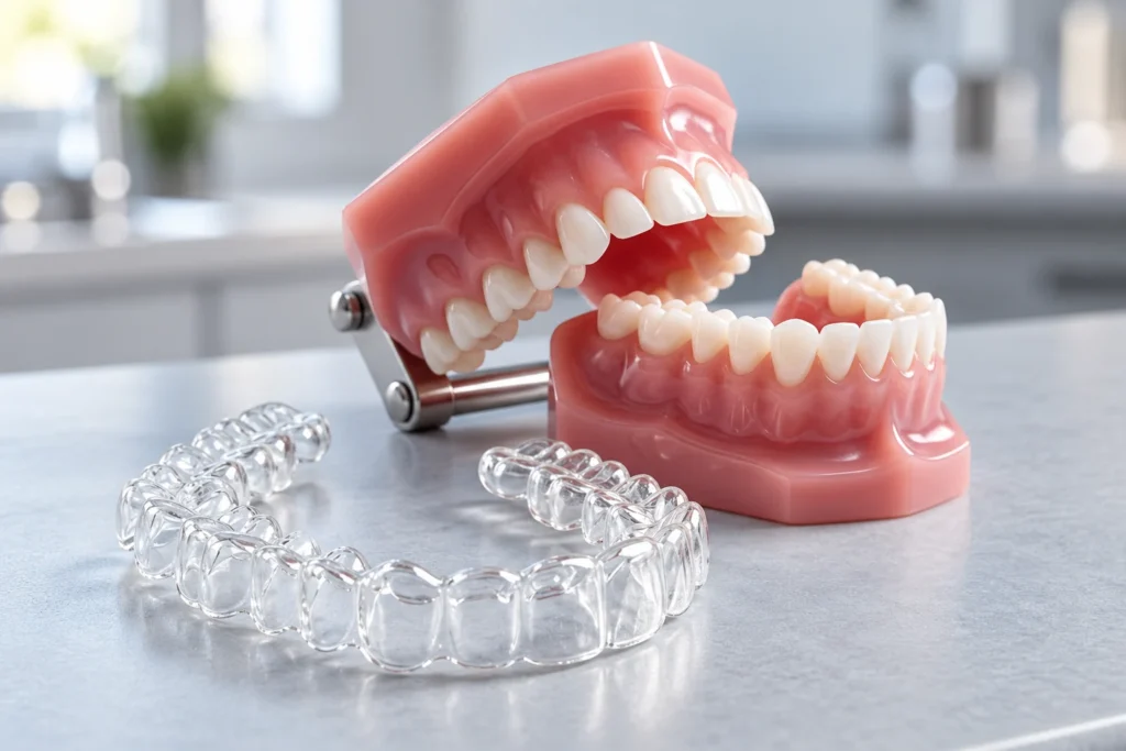 Allineatore trasparente davanti a un modello dimostrativo delle arcate dentali