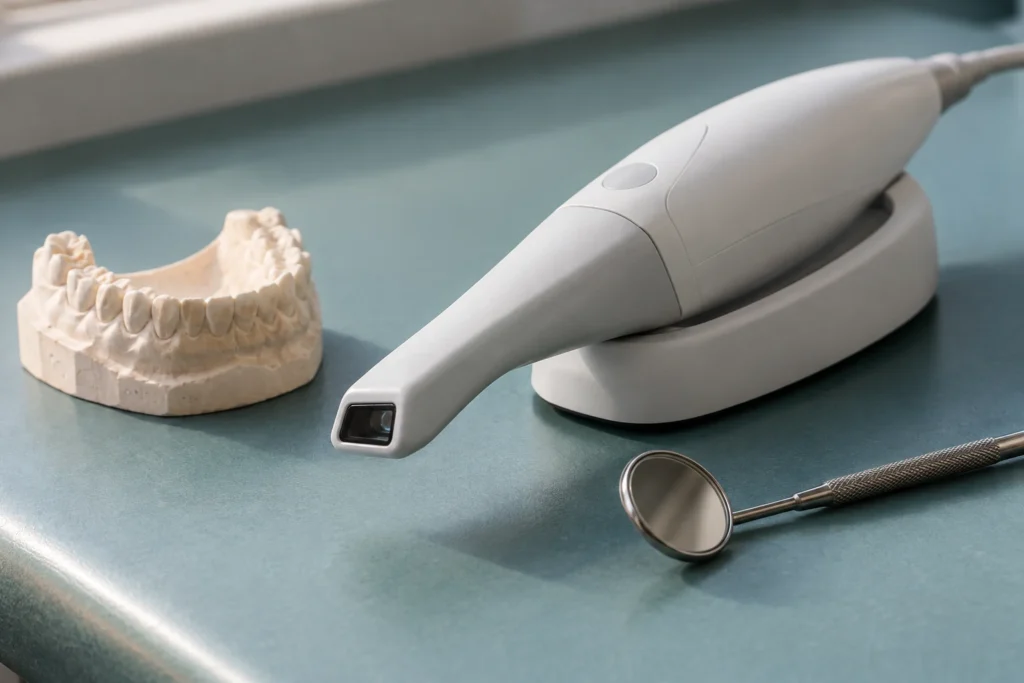 Scanner intraorale ottico accanto a un modello in gesso e a uno specchietto dentale