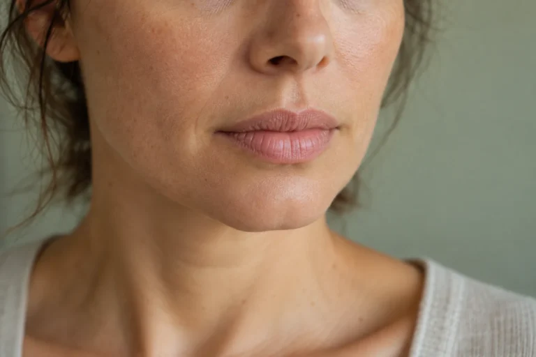 Dettaglio di labbra naturali e della pelle del viso prima di una valutazione estetica