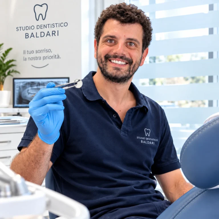 Odontoiatra dello Studio Dentistico Baldari con specchietto dentale nella sala operativa