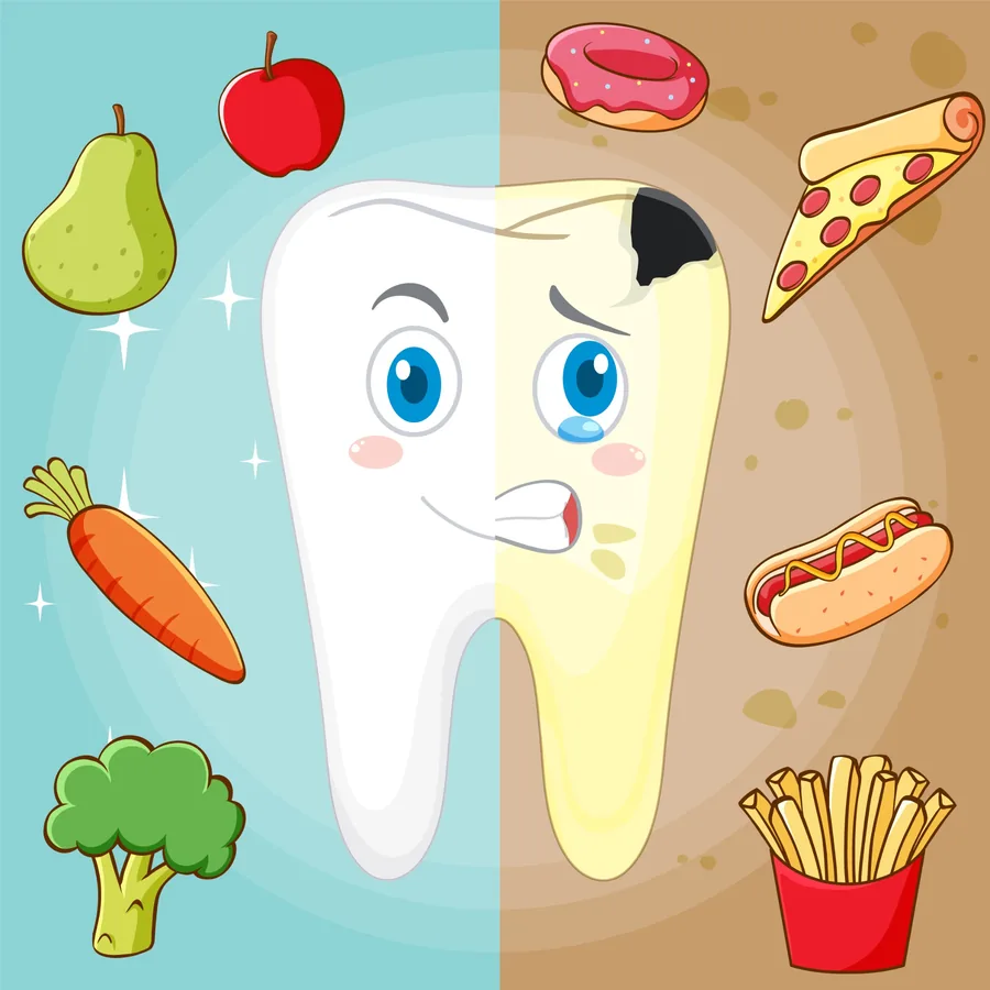 Illustrazione di un dente tra frutta, verdura e alimenti dolci nella guida dello Studio Dentistico Baldari sulla carie nei bambini.