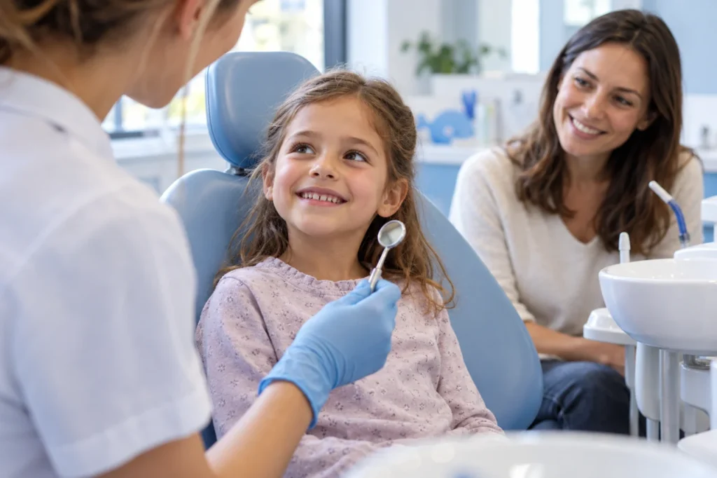 Bambina con un genitore durante una prima visita odontoiatrica – immagine illustrativa Studio Dentistico Baldari
